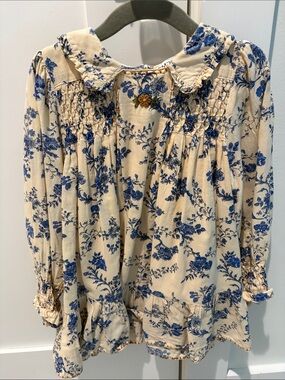 Emile et Ida Cream and Blue Floral Smocked Dress